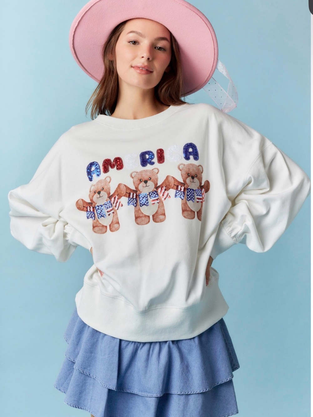 Peach Love California White Americana Graphic Teddy Bear Crewneck Sweater